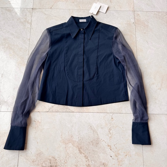Brunello Cucinelli Navy Sheer Sleeve Blouse size XS - Picture 4 of 16